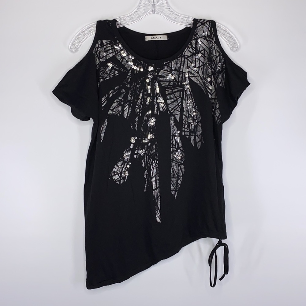 UDOT Black Asymmetrical Hem Cold Shoulder Sequin Short Sleeve Blouse